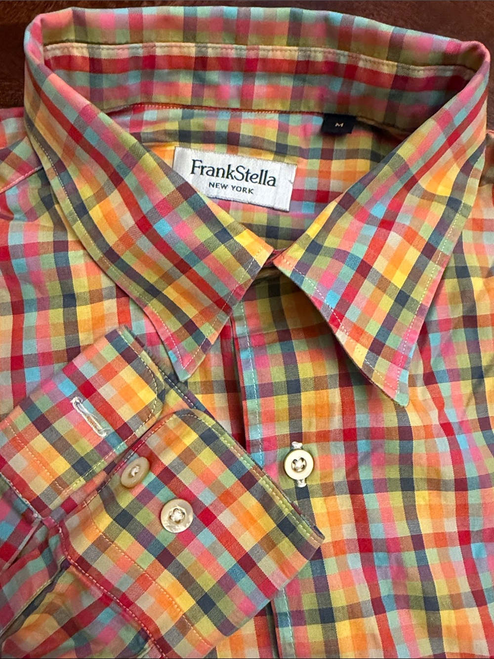 Frank Stella Multicolor orange red  Plaid Men’s Button-Up Shirt - Medium
